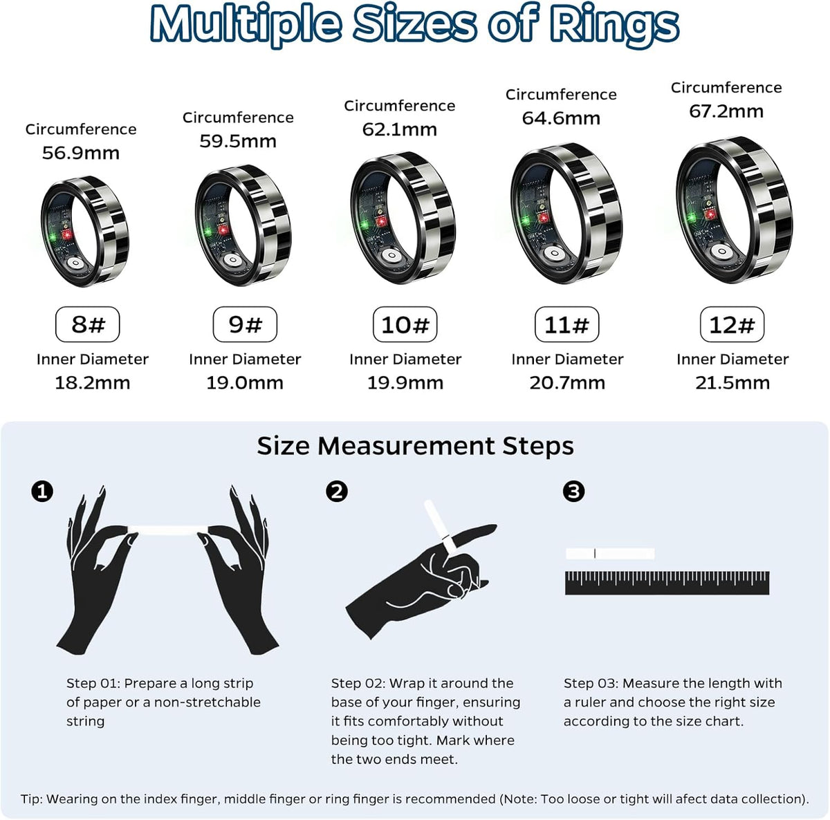 Smart Ring Health Tracker, Sleep Tracker Ring with Heart Rate, Waterproof Fitness Ring for Activity Monitoring/Steps/Distance/Calories,Air Gestures,Up to 7-Day Battery,for iOS Android(Stylish Black#9)