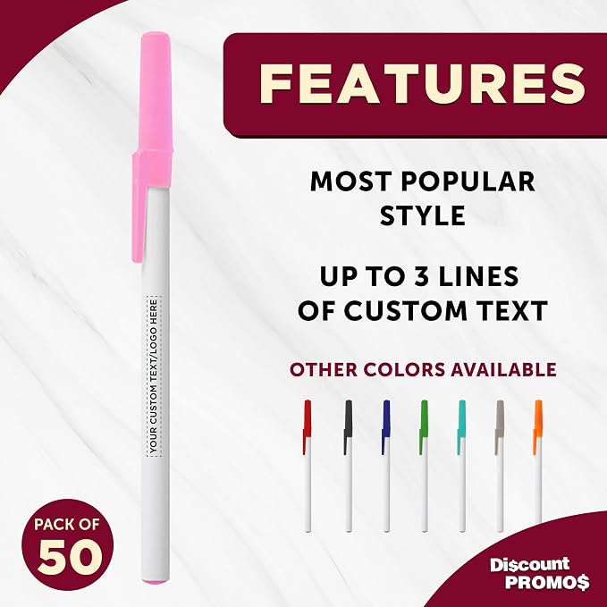 DISCOUNT PROMOS Custom Value Stick Pens Set of 50, Personalized Bulk Pack - Black Ink, Great for Office, School, Business, Tradeshows, Events - Pink