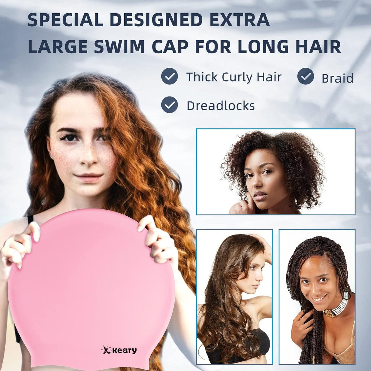 Keary Extra Large Swim Cap for Braids and Dreadlocks Extensions Weaves Long Hair, Waterproof Silicone Cover Ear Bath Pool Shower Swimming Cap for Adult Youth to Keep Hair Dry, Easy to Put On and Off