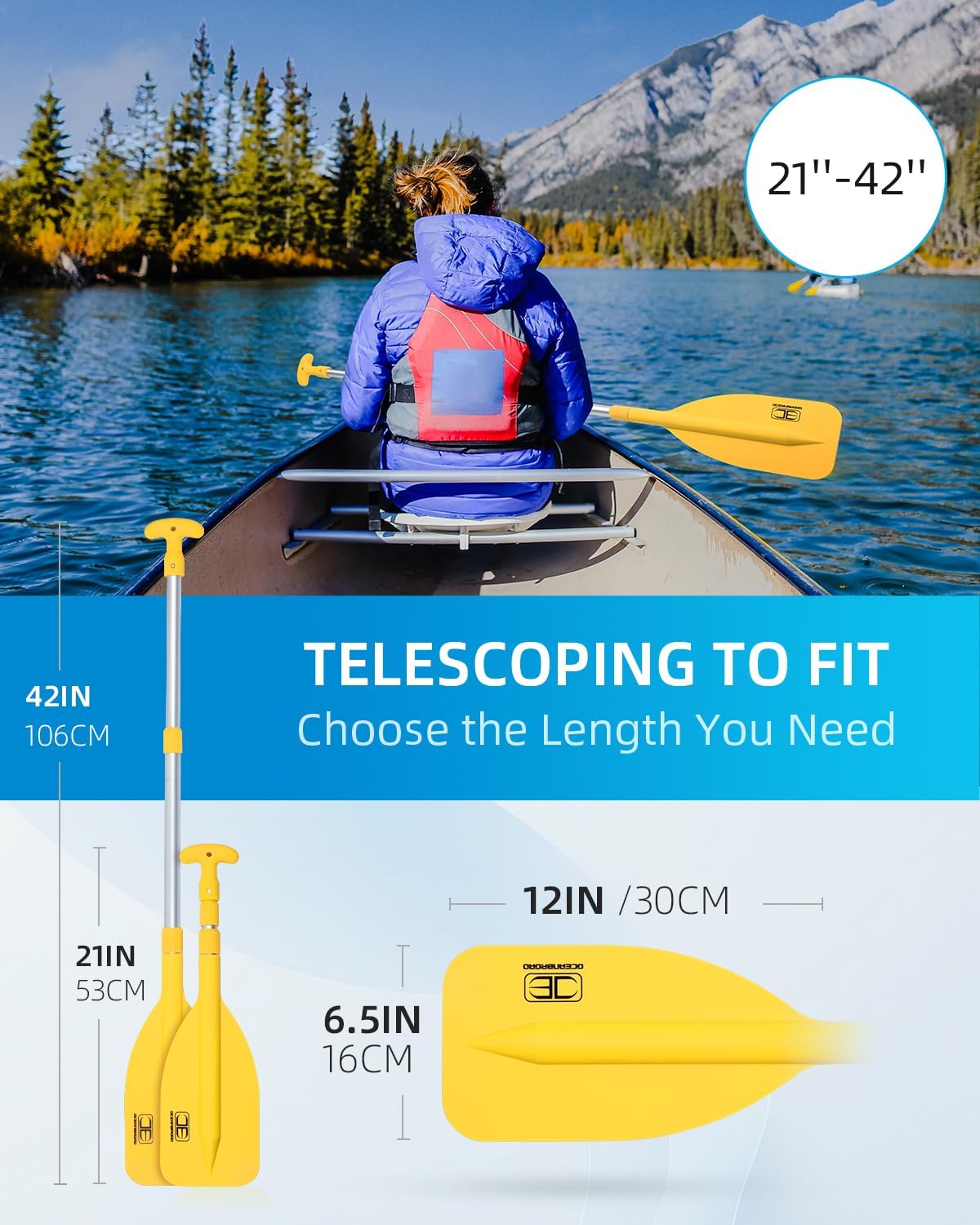 OCEANBROAD Telescoping Emergency Paddle 21''-42''（Assembling Required）/26''-54'' Aluminium Shaft for Kayaking Boating Canoeing River Tubing