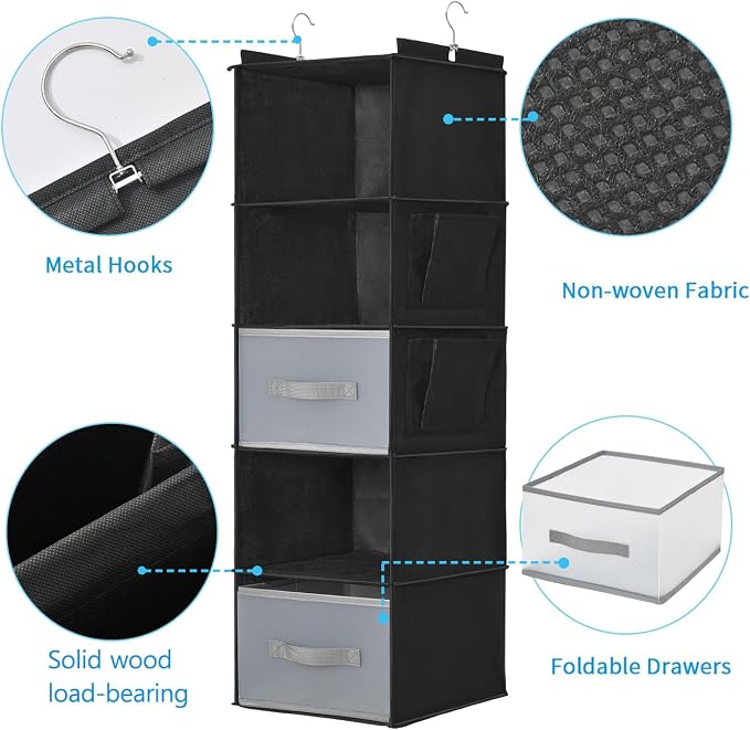 5-Layer Suspended Fabric Shelf Organizer, Equipped with 2 Sturdy Hooks, 2 Separate Drawers, and Foldable Hanging Storage (Black)