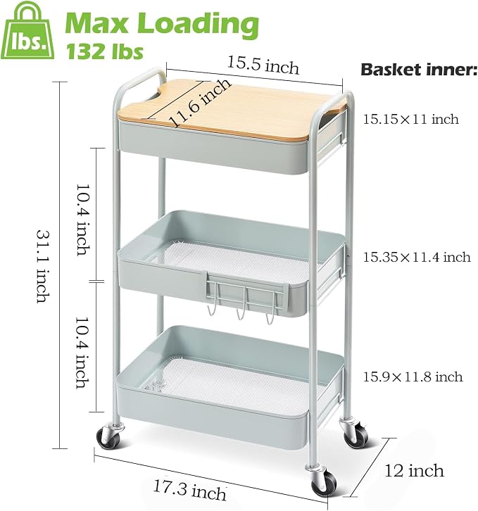 TOOLF 3-Tier Rolling Cart with Table Top, Metal Storage Cart on Wheels, Utility Organizer with Wooden Tray, Lockable Casters, Easy Assembly for Bathroom, Bedroom, Baby Room, Kitchen, Green