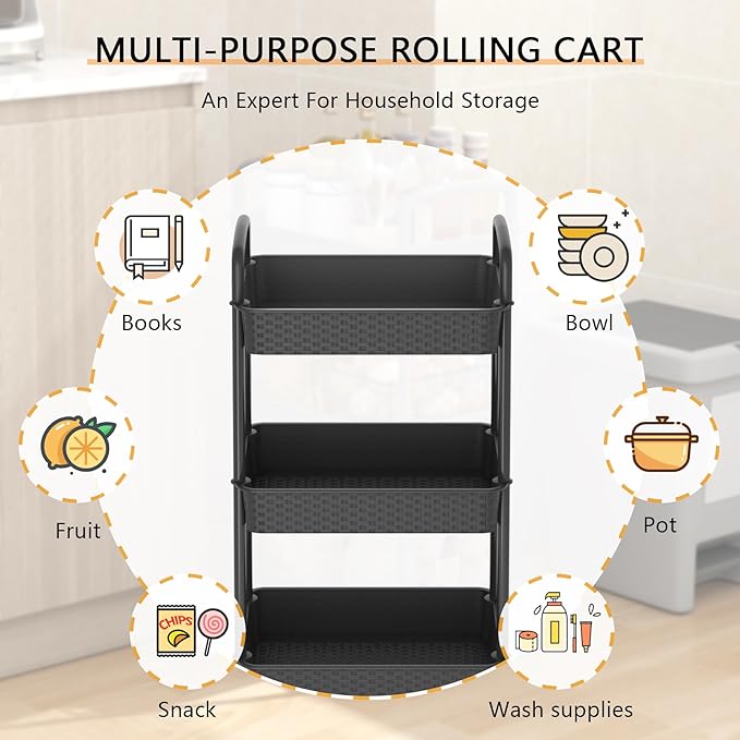 MOYIPIN 3-Tier Plastic Rolling Utility Cart with Handle,Utility Storage Cart for Office, Living Room, Kitchen,Movable Storage Organizer Shelves,Black