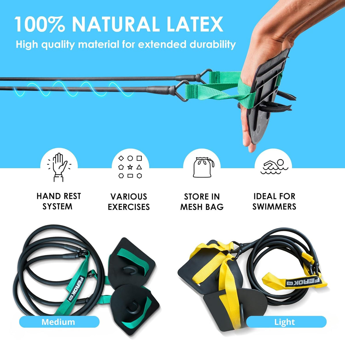 Swimming Resistance Band with Hand Paddles, Stretch Cord, Fitness Bands for Swimming, Training Equipment, Arm Strength Exercise, Powercord - Including Exercises - Medium Green