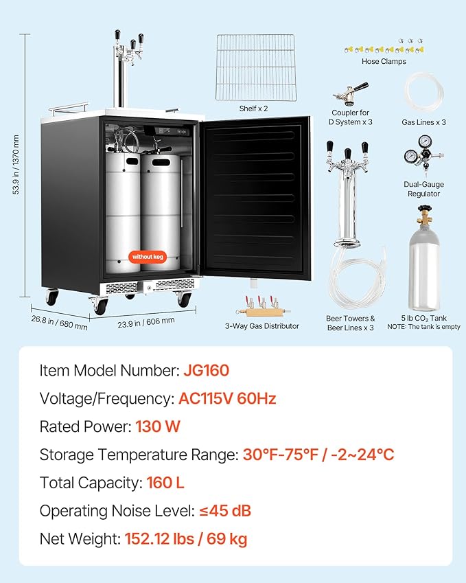 VEVOR Beer Kegerator, Triple Tap Commercial Draft Beer Dispenser for D system, Full Size Keg Refrigerator with 5lbs CO2 Tank, Hold 3 Sixth/2 Slim/3 Ball lock keg (3 taps - D system - stainless steel)