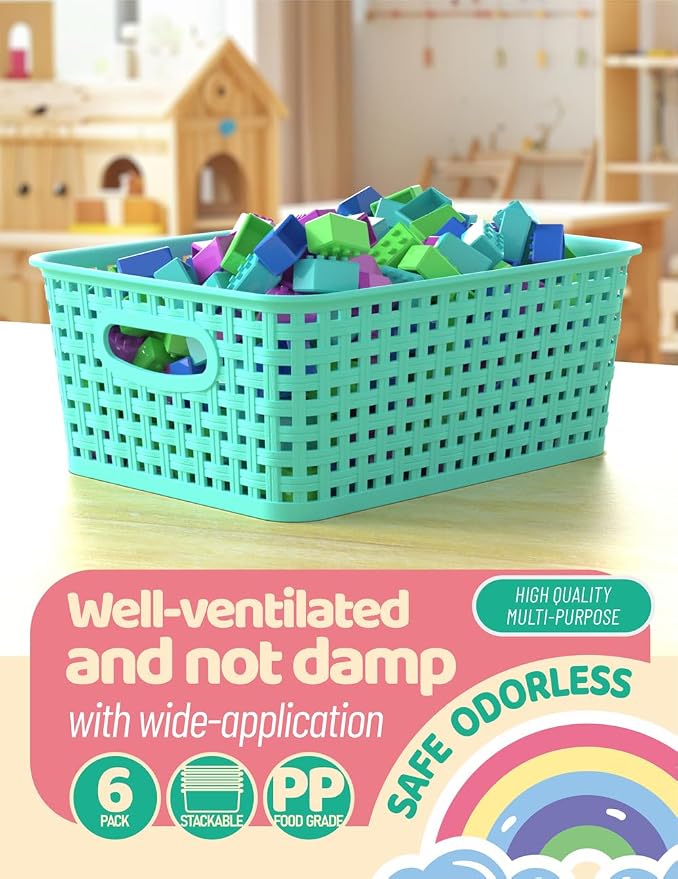 WYT 6-Pack Plastic Small Shelf Storage Weave Baskets Organizing for Cabinets and Pantries, Sky Blue