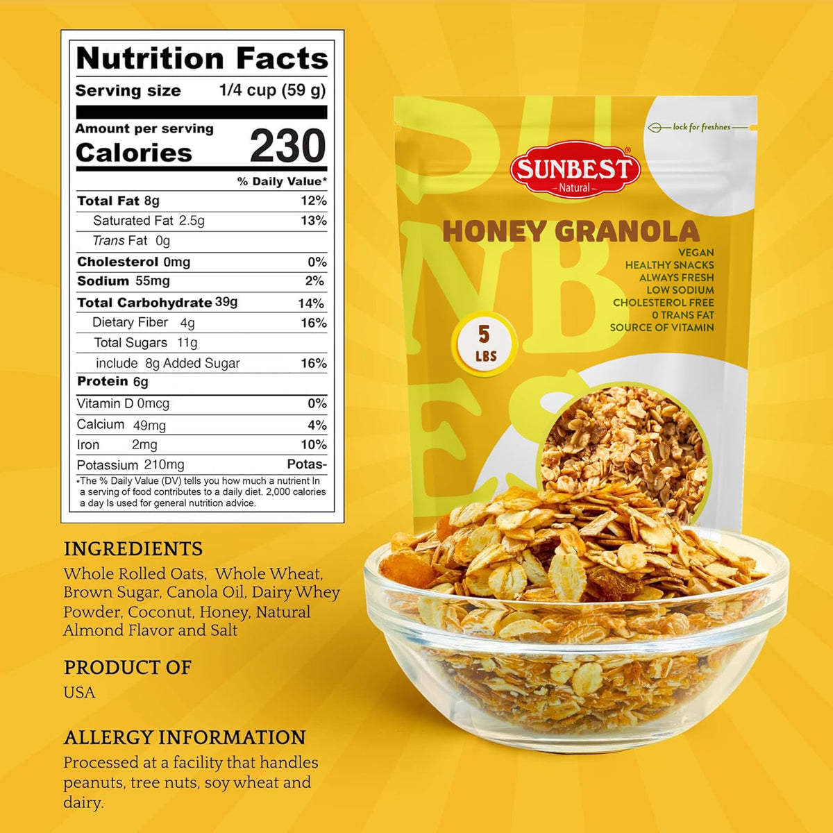 Sunbest Natural Honey Granola – 5 lb Bulk Bag (80 oz) – Whole Rolled Oats, Delicious & Crunchy – Kosher, Low Calorie, High Fiber, Non-GMO – Great for Snacks, Travel & Parties