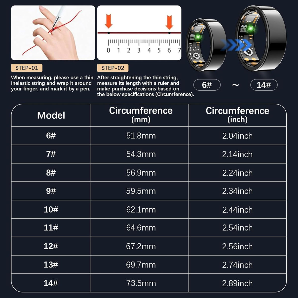 Ring Health Tracker for Women Men, Fit Ring with Heart Rate, Blood Oxygen, Sleep Monitor, Calories, Step Counter, IP68 Waterproof Smart Ring for iPhone & Android, No Subscription Fee (Black, 14#)