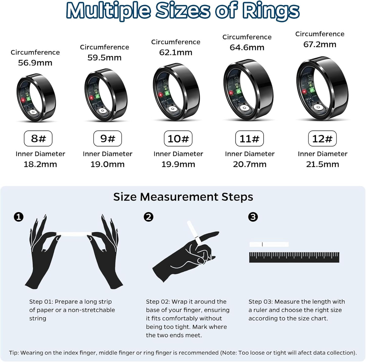 Smart Ring Health Tracker, Sleep Tracker Ring with Heart Rate, Waterproof Fitness Ring for Activity Monitoring/Steps/Distance/Calories, Air Gestures, Up to 7-Day Battery, for iOS Android (Black,#11)