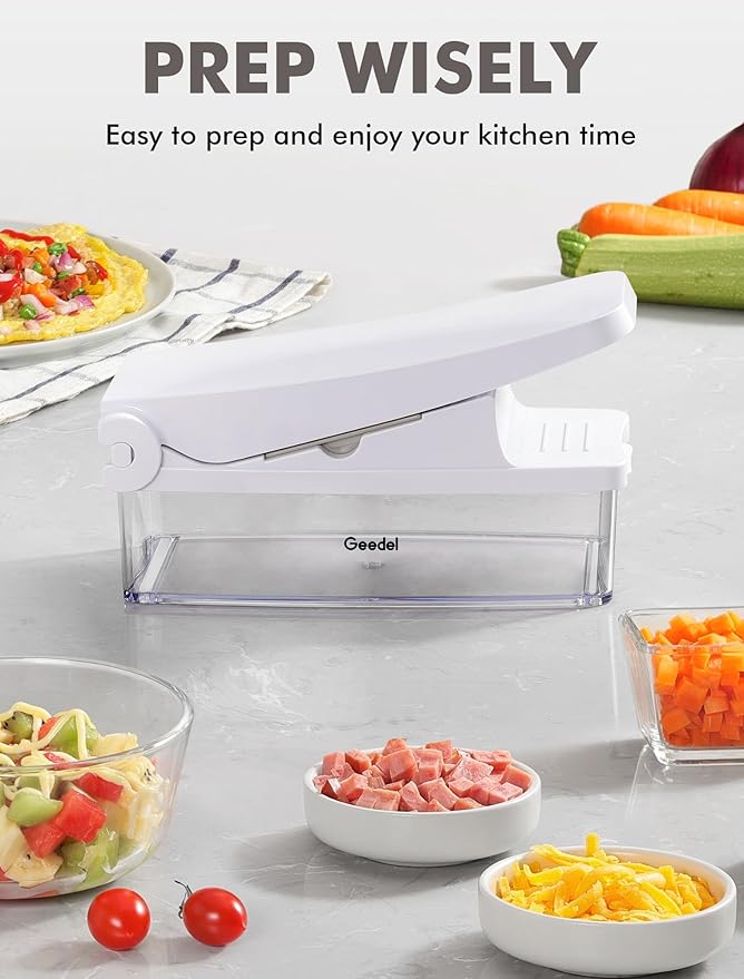 Geedel Vegetable Cutter, Onion Cutter Pro Food Chopper, Kitchen Vegetable Slicer Dicer Cutter Grater, Veggie Chopper with container for Salad Onion Potato Carrot (4 in 1, White)