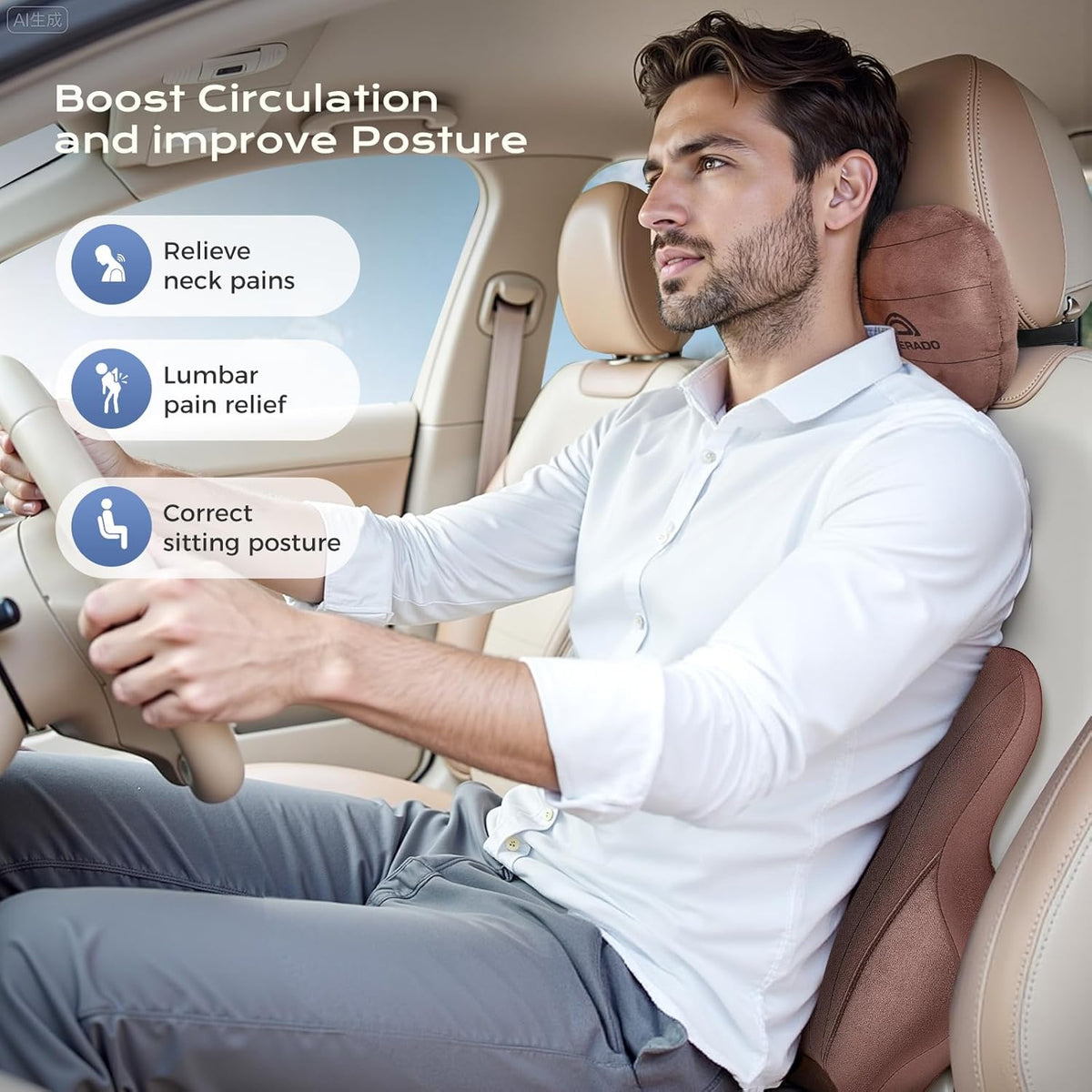 Coverado Car Lumbar Support Pillow and Car Neck Pillow Kit, Ergonomic Design Car Headrest Pillow for Driving, Relax Back Head Muscles Relieve Driving Fatigue, Breathable & Removable Cover, Coffee