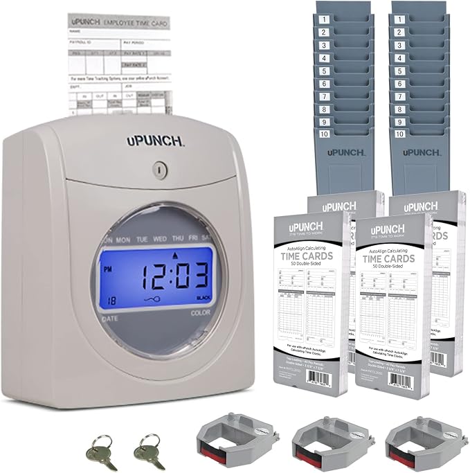uPunch HN4500 Advanced Calculating Time Clock Bundle for Small Business: Complete Employee Time Tracking System with 200 Time Cards, Racks, Ribbons, and Keys