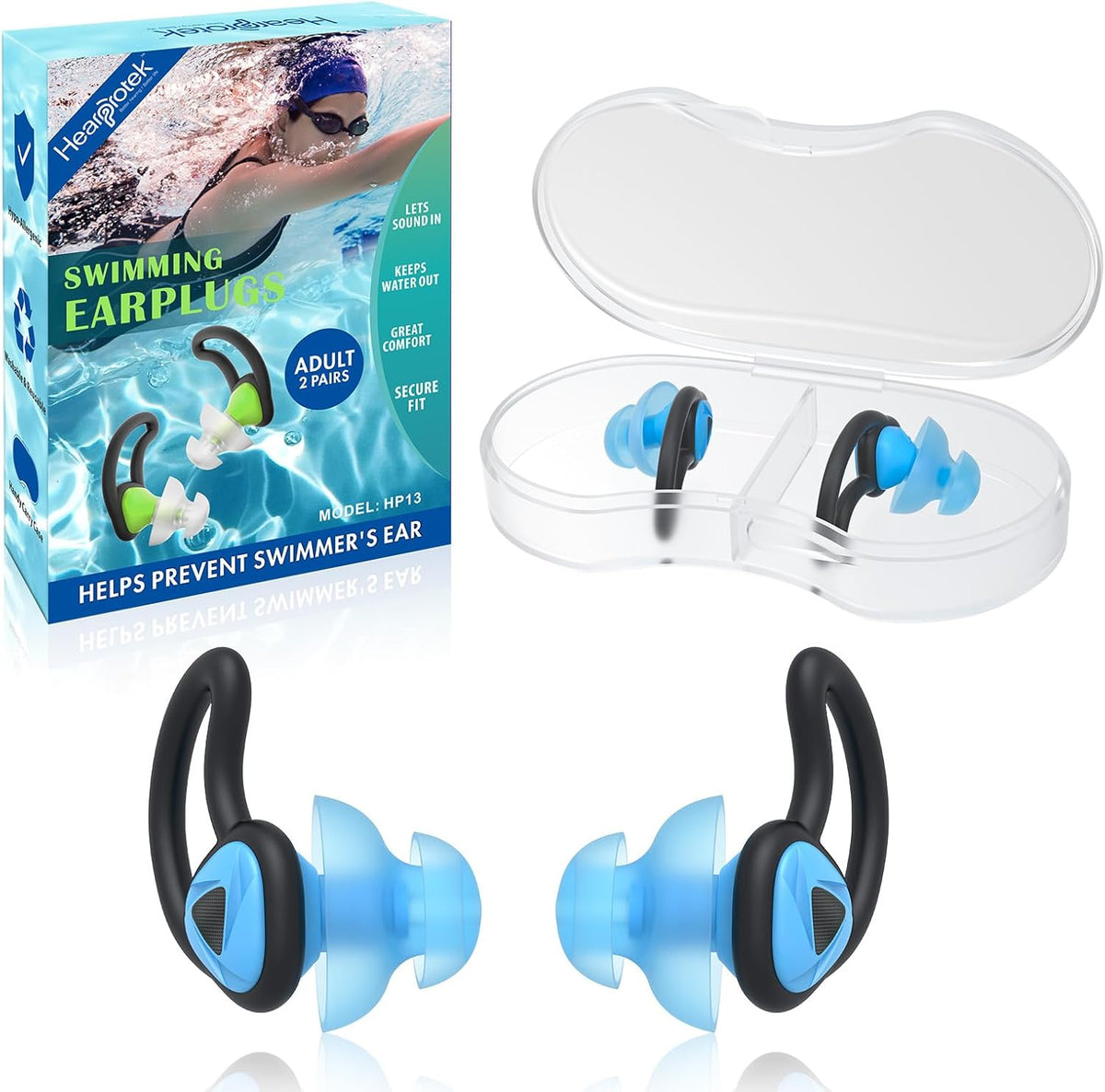 Hearprotek 2 Pairs Swimmer Ear Plugs, Upgraded Custom-fit Water Protection Adult Swimming earplugs for Swimmers Water Pool(Sky Blue)