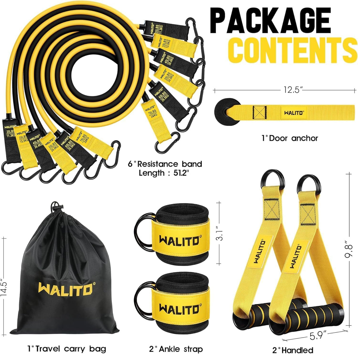 WALITO Resistance Bands Set - Exercise Bands with Handles, Door Anchor, Legs Ankle Straps, for Heavy Resistance Training, Physical Therapy, Muscle Training, Yoga, Home Workouts