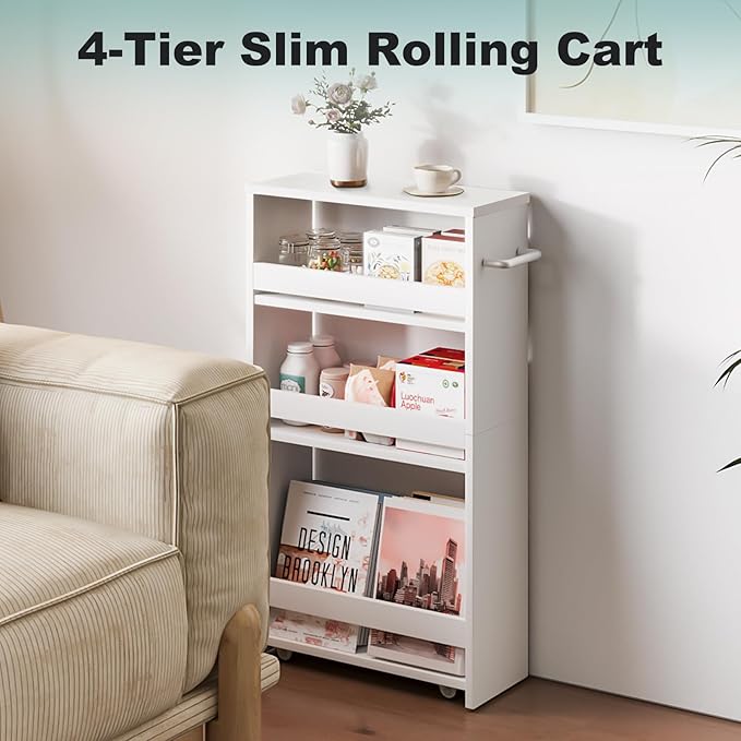 MARTY White Slim Storage Cart with Wheels, 4 Tier Rolling Utility Cart with Handle Slide Out Shelving Unit Organizer Trolley for Laundry Kitchen Bathroom Narrow Places Small Corner