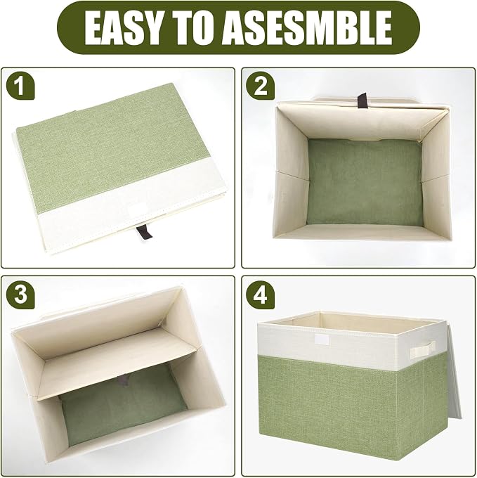 Large 17" 42 Quarts Collapsible Stackable Storage Bins with Lids [3-Pack] Foldable Fabric Linen Storage Boxes Cube, Closet Organizer Baskets with Label for Home (16.7 x 12 x 12", Green & White)