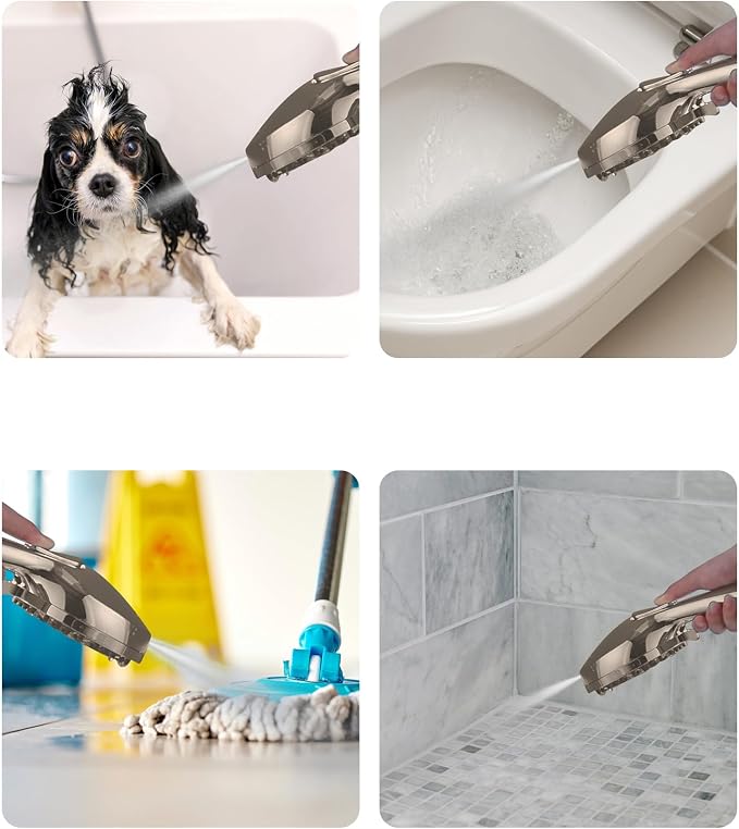 High Pressure Shower head with Handheld 7 Modes, Built-in Power Wash to Clear Tub. Tile & Pets, 5” High Flow Hand Held Rain Showerhead with Stainless Steel Hose and Adjustable Bracket- Brush Nickel