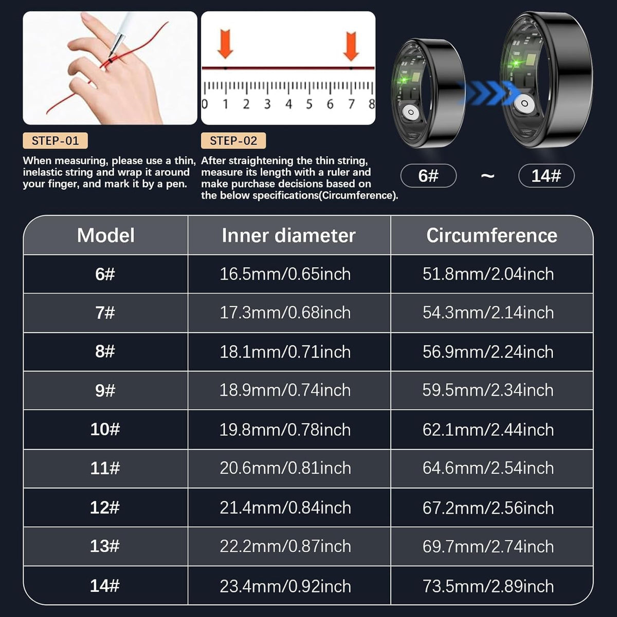 Health Tracker Ring, Smart Health Ring for Women Men with Heart Rate, Blood Oxygen, Sleep Monitor, Steps,Calories, No Subscription Fee, IP68 Waterproof Smart Ring for iPhone & Android (Black, 9#)