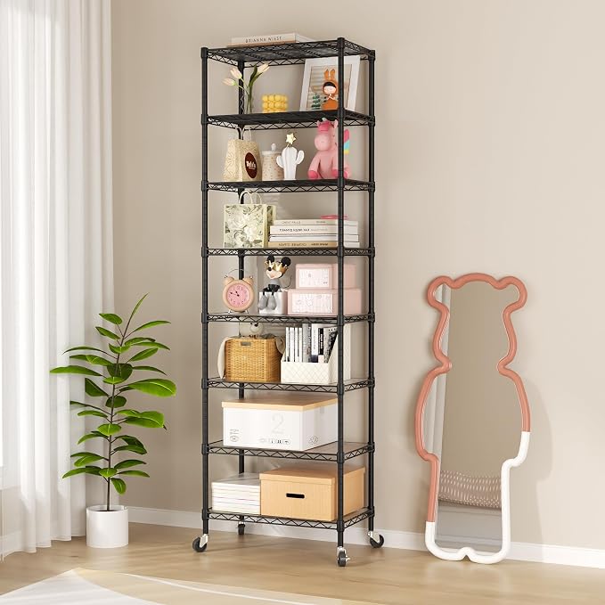 SINGAYE 8 Tier Shelf Organizer Storage Metal Shelves Garage Wire Shelving Unit Pantry Rack Adjustable Standing Storage for Kitchen Closet Laundry Bathroom Pantry 12" D x 22" W x 74" H Black