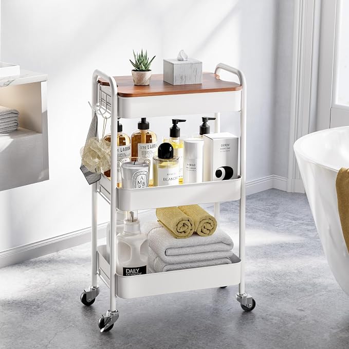 TOOLF 3-Tier Rolling Cart with Table Top, Metal Storage Cart on Wheels, Utility Organizer with Wooden Tray, Lockable Casters, Easy Assembly for Bathroom, Living Room, Office, Kitchen, White