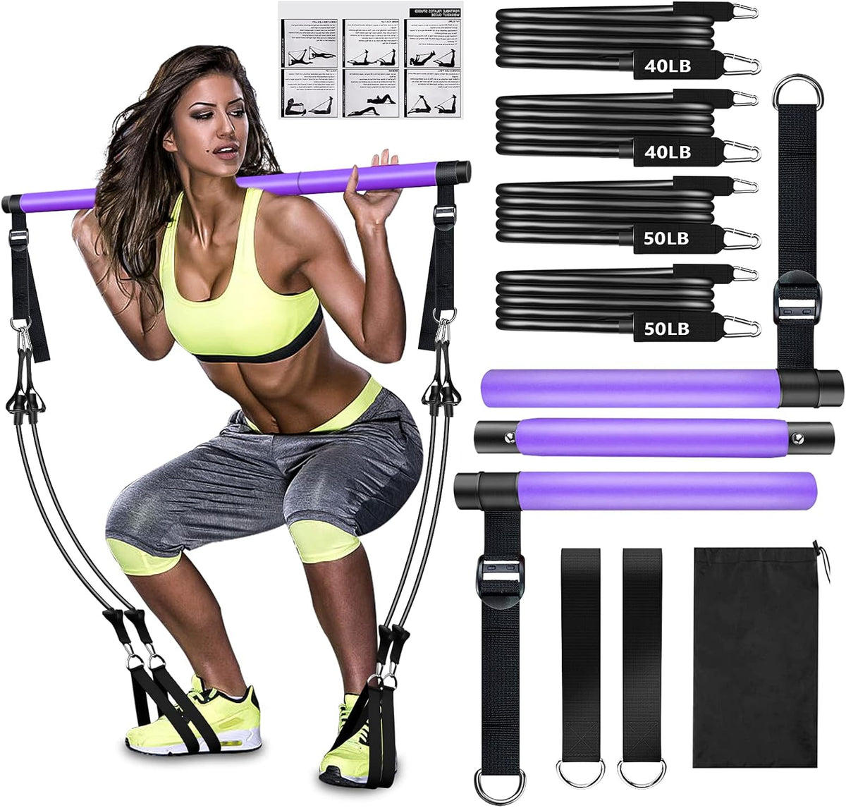 Pilates Bar Kit with Resistance Bands,Pilates Bar with Stackable Bands Workout Equipment for Legs,Hip,Waist and Arm,Exercise Fitness Equipment for Women & Men Home Gym Yoga Pilates