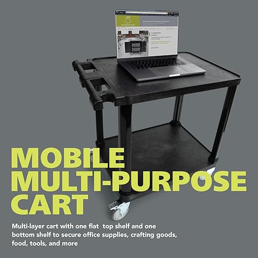 Pearington 2-Tier Compact Multi-Purpose Plastic Utility Cart with Lockable Wheels up to 150lbs, Black