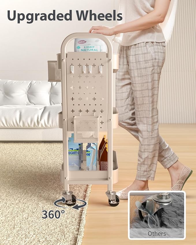 ALVOROG 3 Tier Rolling Cart with DIY Pegboards Metal Utility Cart with Wheels Handles Baskets Hooks, Craft Cart for Office Kitchen Bathroom(Khaki)