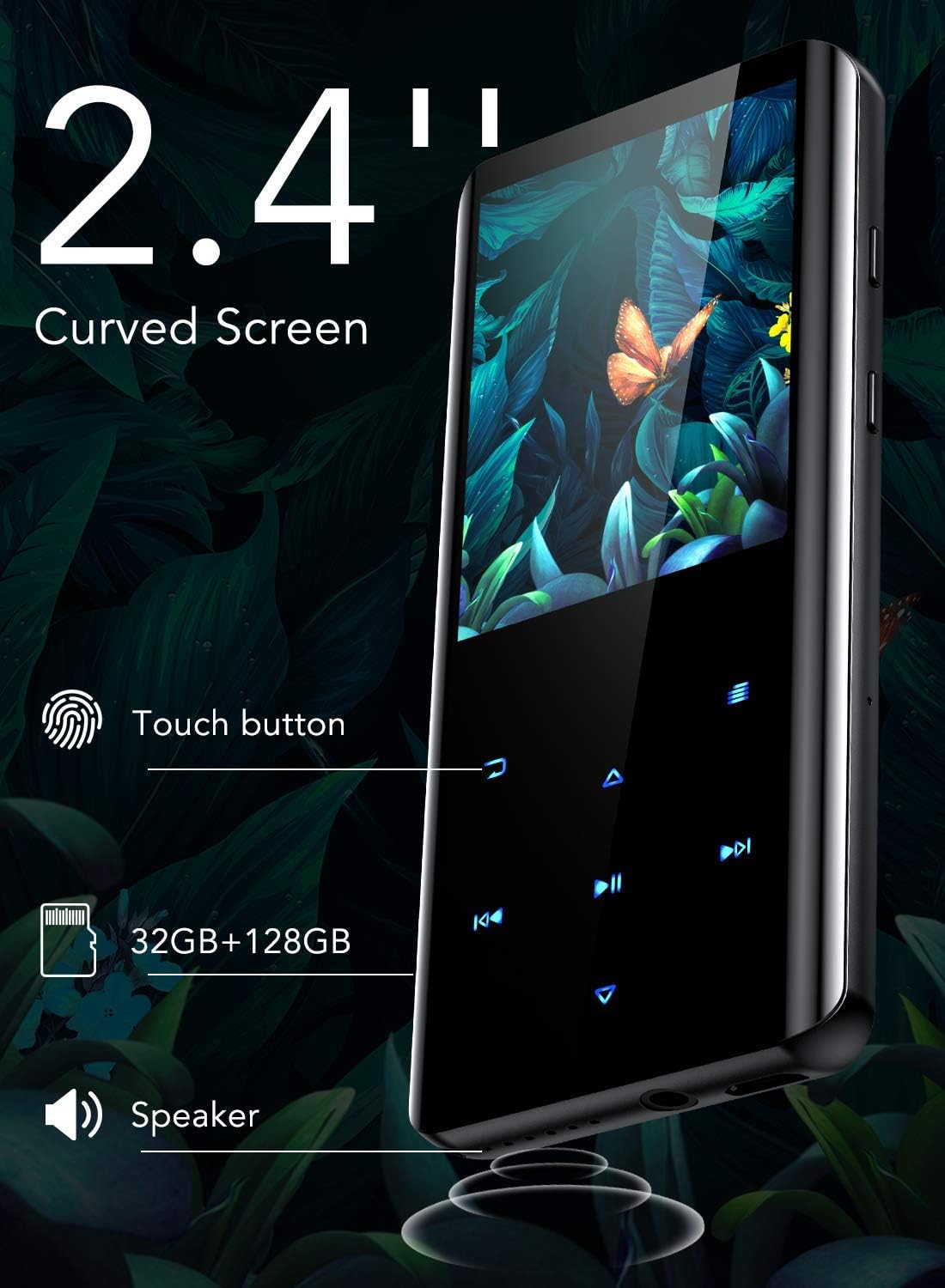 AGPTEK 32GB MP3 Player with Bluetooth 5.3, A19X 2.4" Curved Screen Portable Music Player with Speaker Lossless Sound with FM Radio, Voice Recorder, Supports up to 128GB, Black