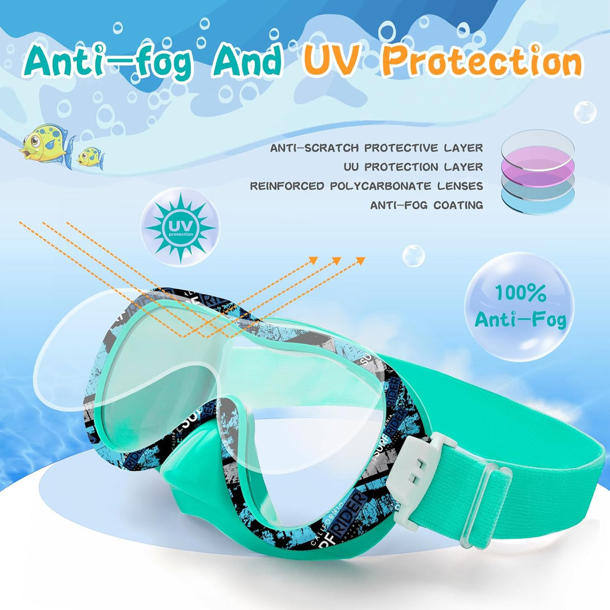 Kids Swim Goggles 180° Snorkel Diving Mask with Nose Cover, Anti-Fog Kids Swimming Goggles with Elastic Fabric Strap for Kids Boys Girls