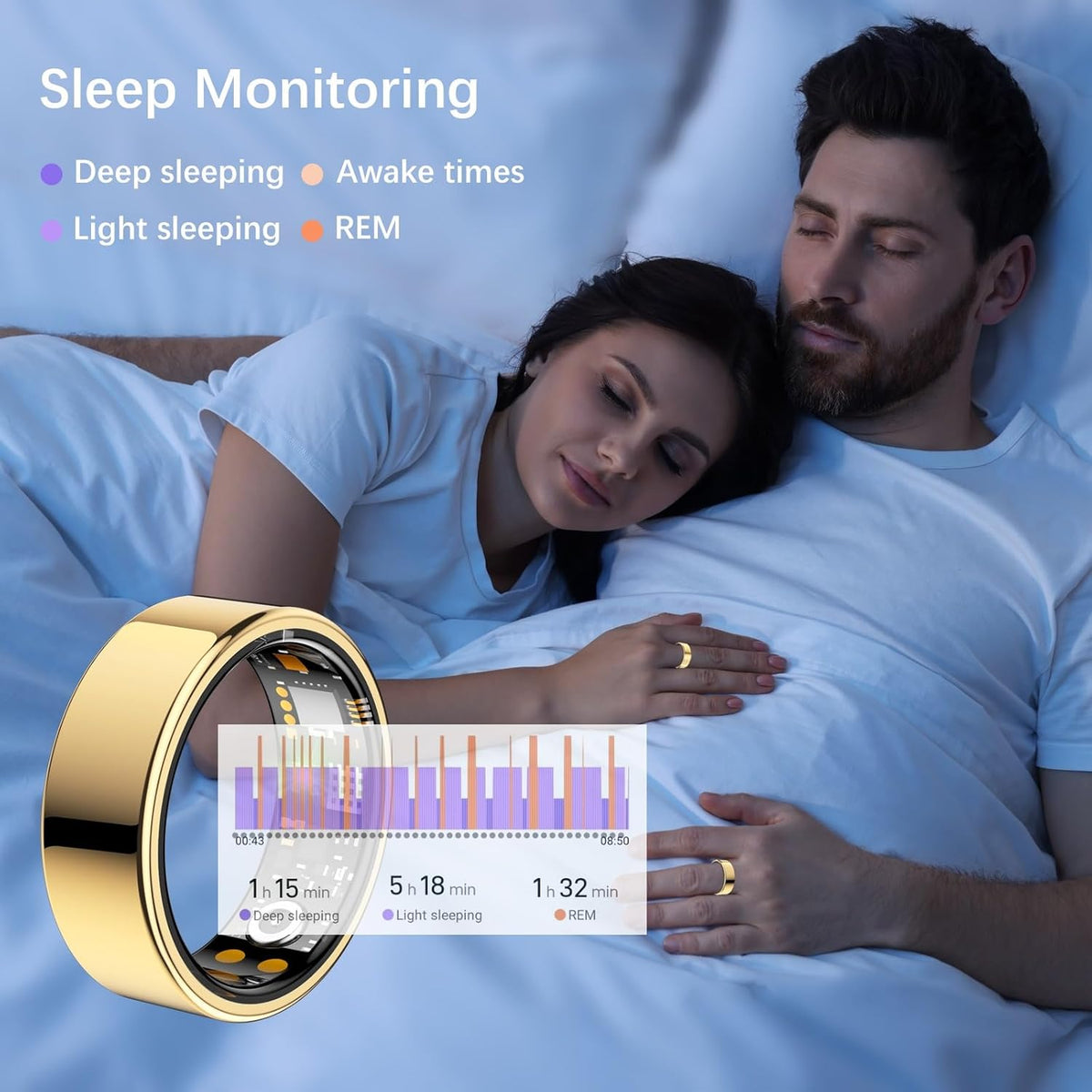Ring Health Tracker for Women Men, Fit Ring with Heart Rate, Blood Oxygen, Sleep Monitor, Calories, Step Counter, IP68 Waterproof Smart Ring for iPhone & Android, No Subscription Fee (Gold, 8#)