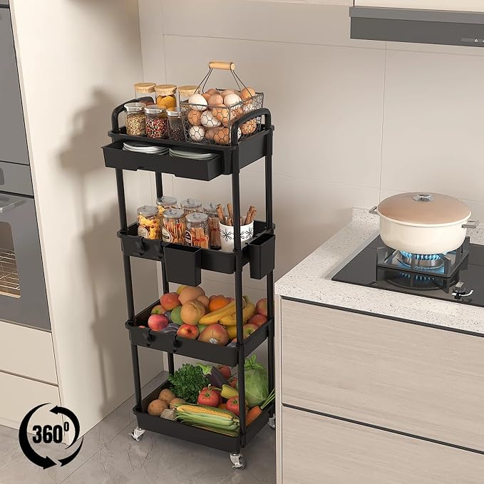 4 Tier Rolling Utility Cart with Drawer, Plastic Storage Organizer Rolling Carts with Wheels Handles Hanging Cups Hooks for Office, Bathroom, Kitchen,Craft Art Room (Black)
