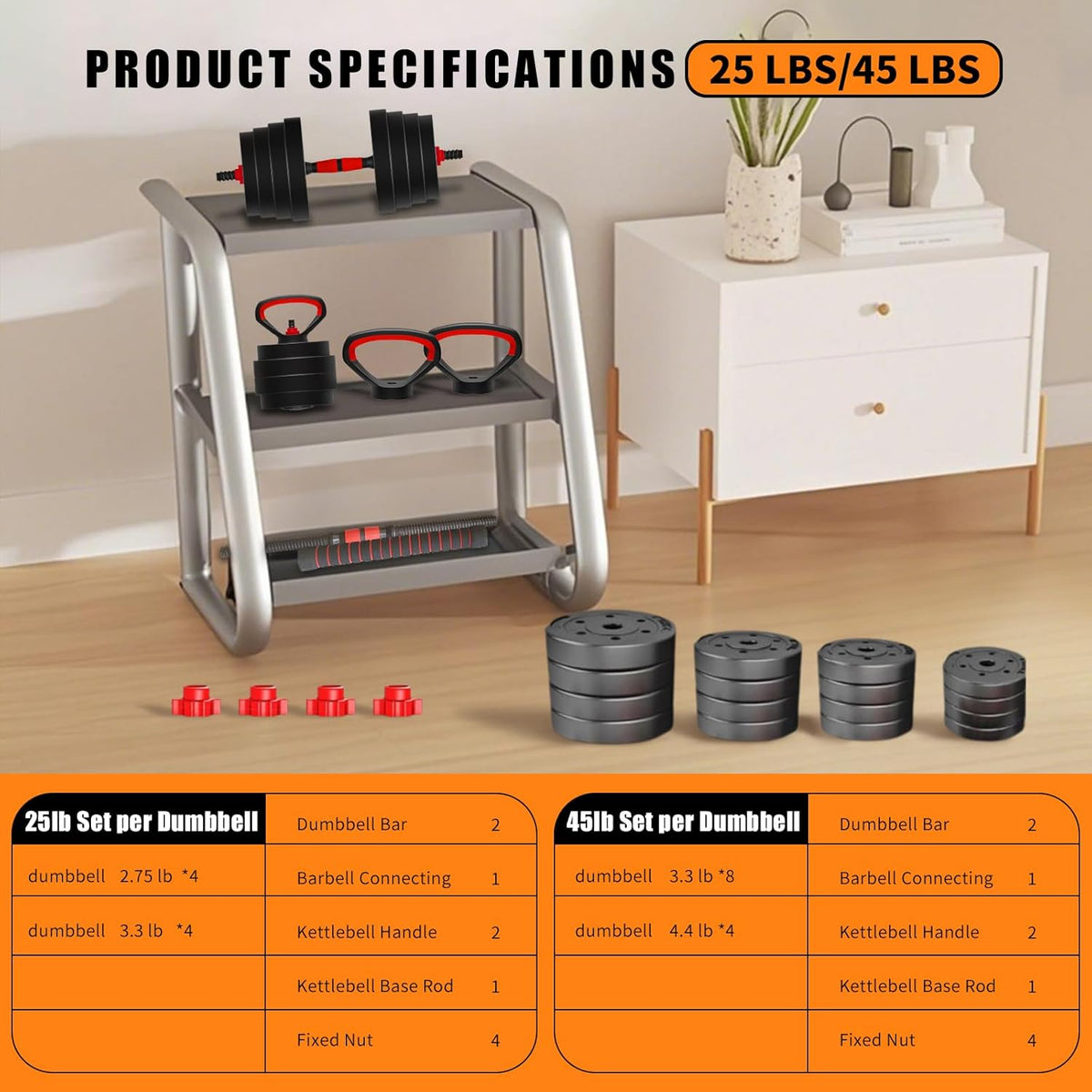 Adjustable Dumbbell Set 25/45/75/90LB, Changeable Dumbbell Set with Connecting Rod 4 in1 Dumbbells Set Used as Barbell, Kettlebells, Push up Bar, Fitness Exercises for Home Gym Suitable Men/Women