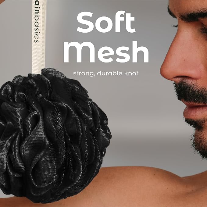 MainBasics Bath Shower Loofah Sponge Pouf Body Scrubber Exfoliator Body Wash Sponge (Set of 3, Triple Black)