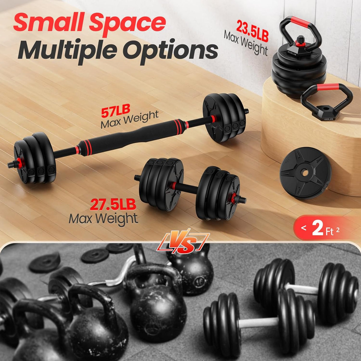 Adjustable Dumbbell Set, 55/70lbs Free Weights with Upgraded Nut, 4 in 1 Weight Set Used as Kettlebells, Barbell, Push Up Stand, Fitness Exercise for Home Gym Suitable for Men/Women