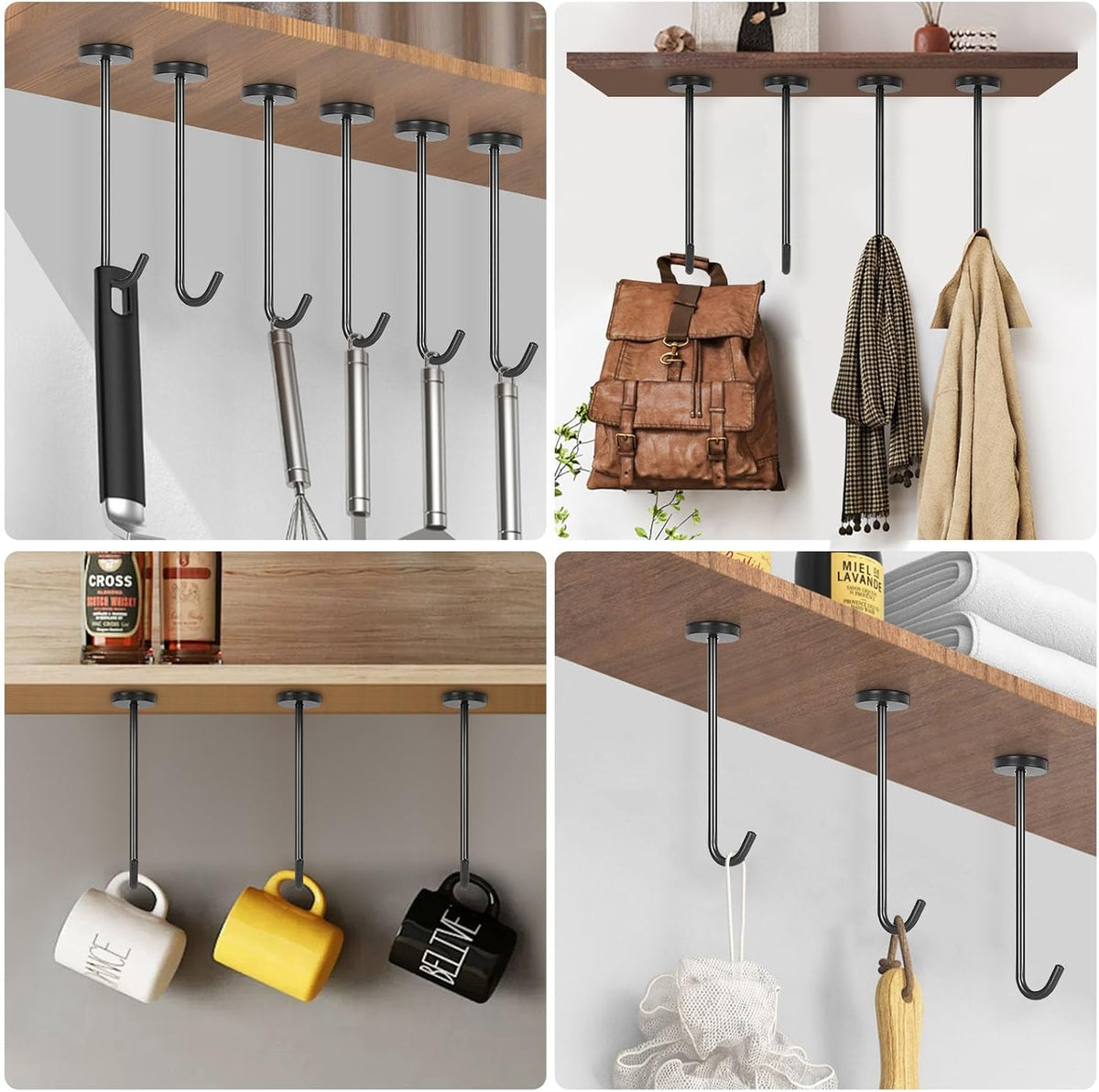 NearMoon Coat Hooks, Wall Hooks for Hanging Hat Hurse Robe, 304 Stainless Steel Heavy Duty Towel Hangers for Bathroom Livingroom Kitchen-Ceiling Hook, 6 Pack (8 Inch, Matte Black)