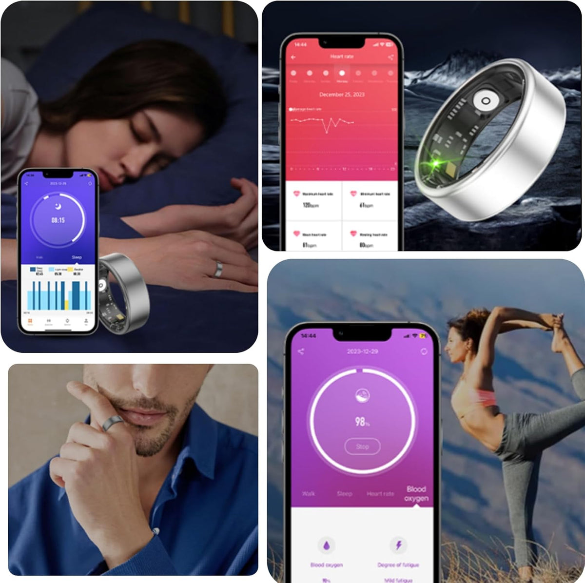 Smart Ring Health Fitness Tracker, Size First with Sizing Kit, Activity & Sleep Tracker/Stress/Heart Rate Monitor, Waterproof Smart Ring for Men/Women, No App Subscription (Black, 8)
