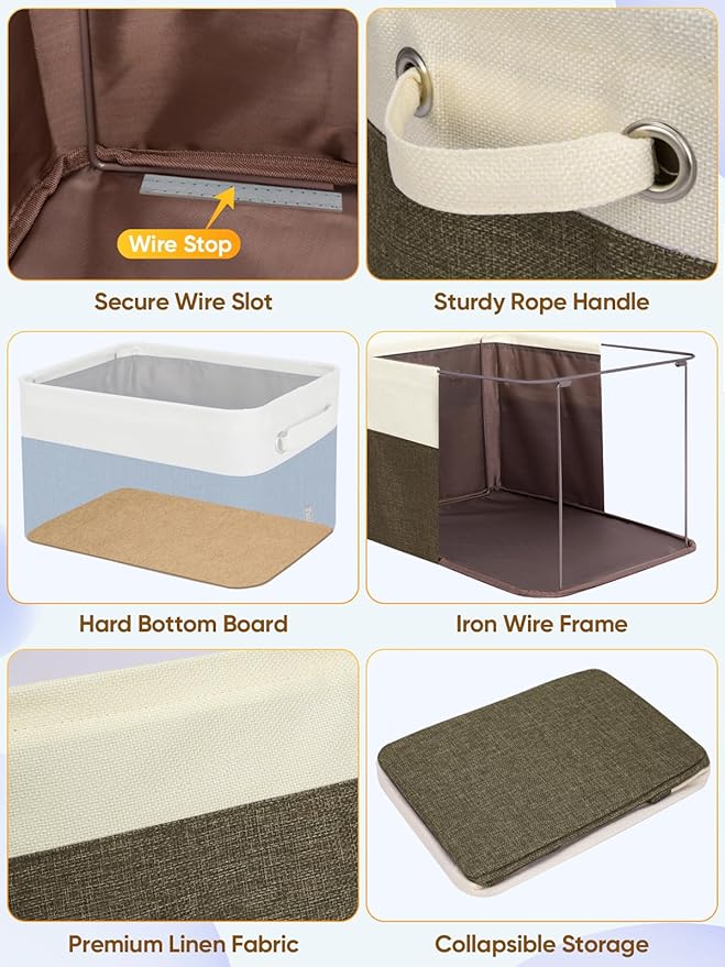 BALEINE 3 Pack Fabric Closet Storage Bins for Shelves, Linen Closet Organizers and Storage, Decorative Baskets for Organizing, Shelf, Clothes, Home, Office (Brown, 12"x8"x8")