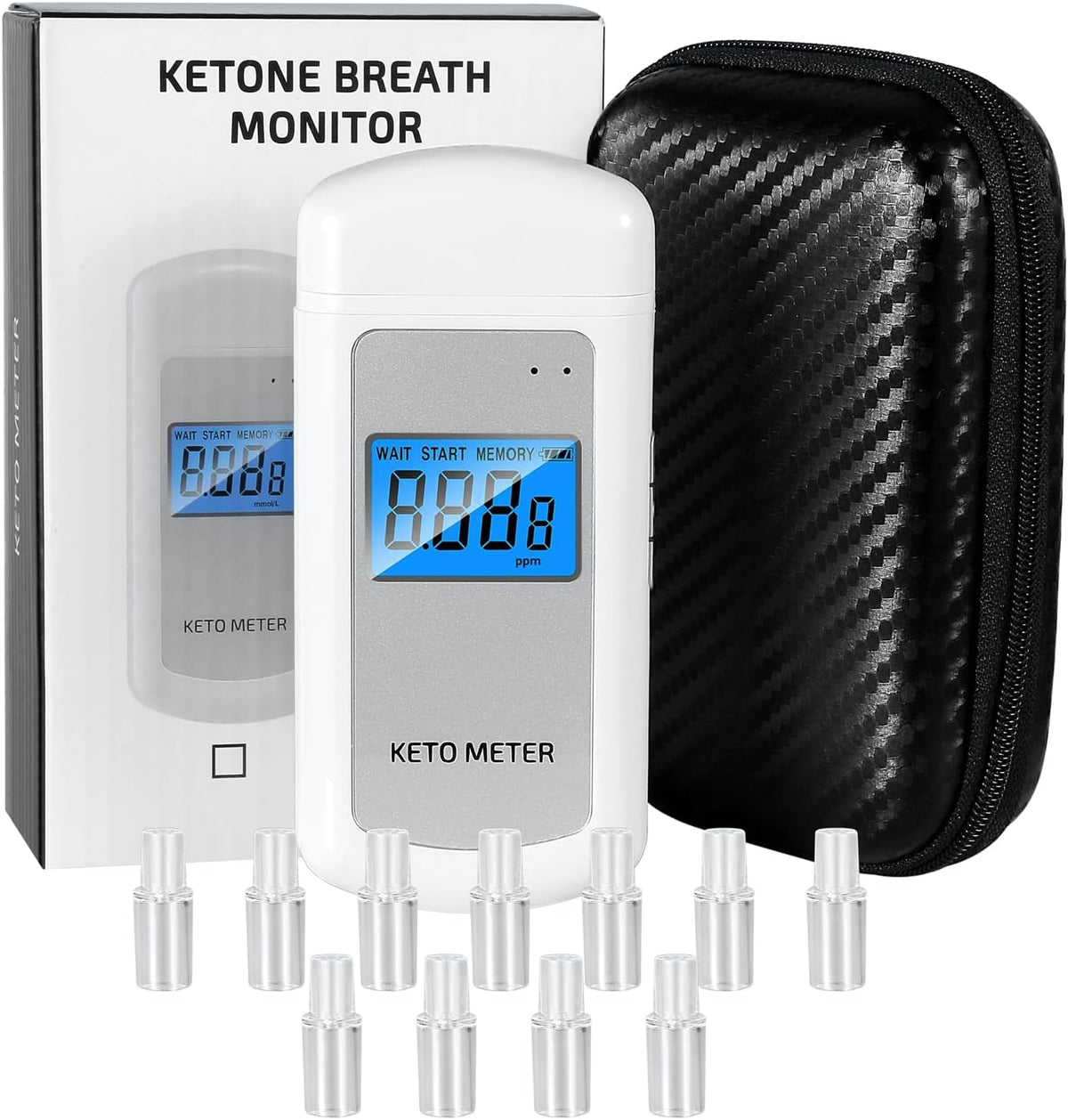 Rechargeable Ketone Meter Analyzer Professional Grade Accuracy Breath Ketone Meter LCD Digital Display Ketosis Breath Breathalyzer Tracing Ketones Status with 10 Mouthpieces