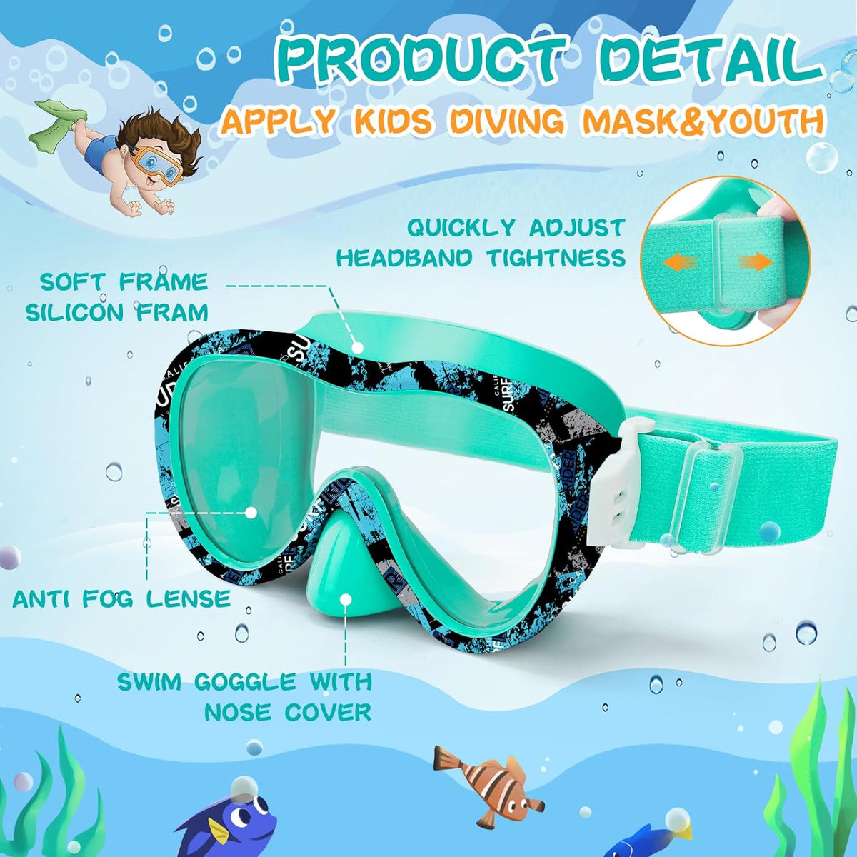 Kids Swim Goggles 180° Snorkel Diving Mask with Nose Cover, Anti-Fog Kids Swimming Goggles with Elastic Fabric Strap for Kids Boys Girls
