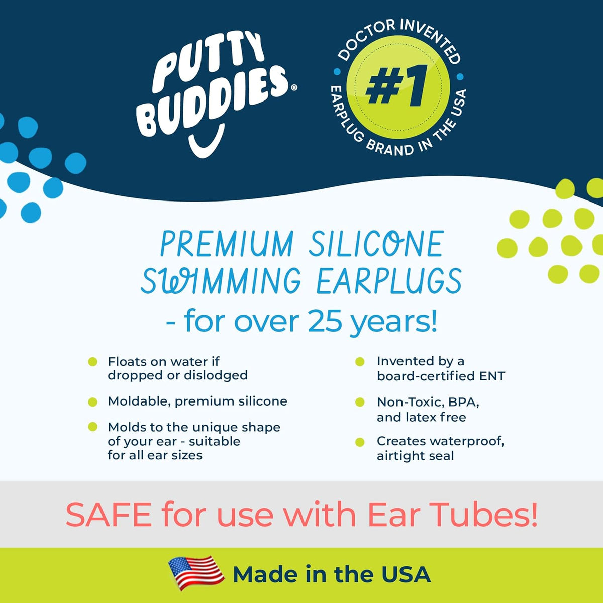 Earvolution Floating Putty Buddies Ear Plugs for Swimming - Invented by an Ear Physician - Moldable, Premium, Silicone - Floats on Water - Waterproof - Made in The USA - 3 Pack - Hot Pink