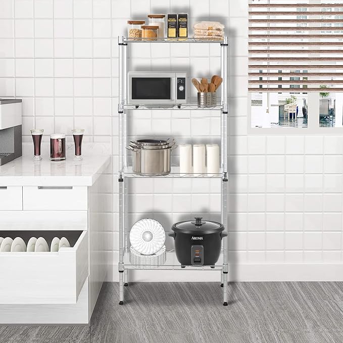 FDW 18L x 12W x 44H Wire Shelves with 4 PP Sheets Metal Shelf Storage Shelves 4 Tier Layer Storage Shelves for Laundry Bathroom Kitchen Garage,Chrome