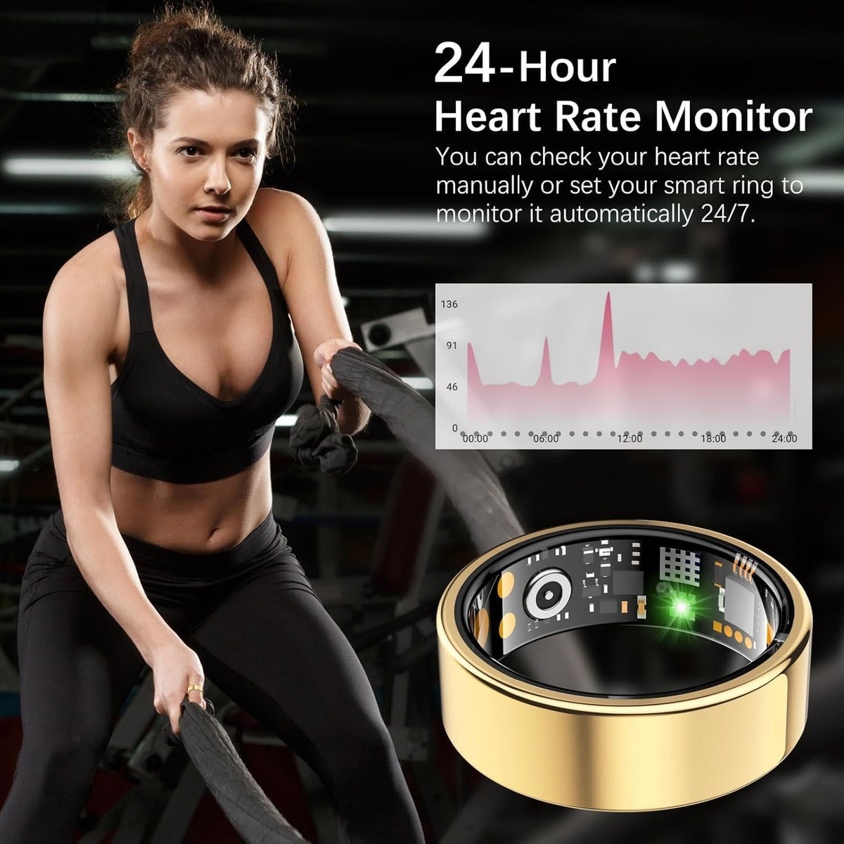Ring Health Tracker for Women Men, Fit Ring with Heart Rate, Blood Oxygen, Sleep Monitor, Calories, Step Counter, IP68 Waterproof Smart Ring for iPhone & Android, No Subscription Fee (Gold, 14#)