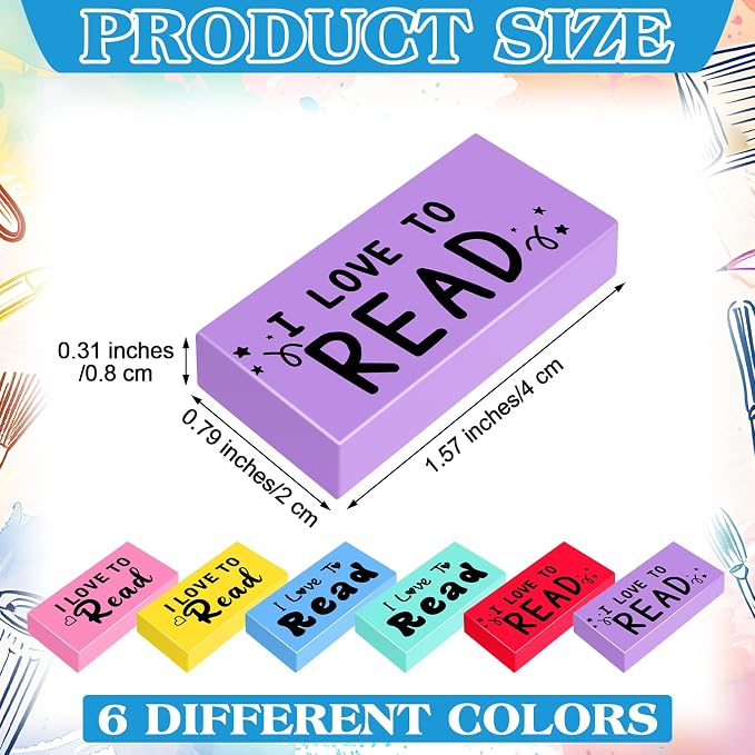 Dunzoom 100 Pcs Inspirational Erasers for Kids Back to School Gifts I Love to Read Small Colorful Pencil Erasers for Students Classroom Cute Motivational Gift for Drawing School Office Supplies