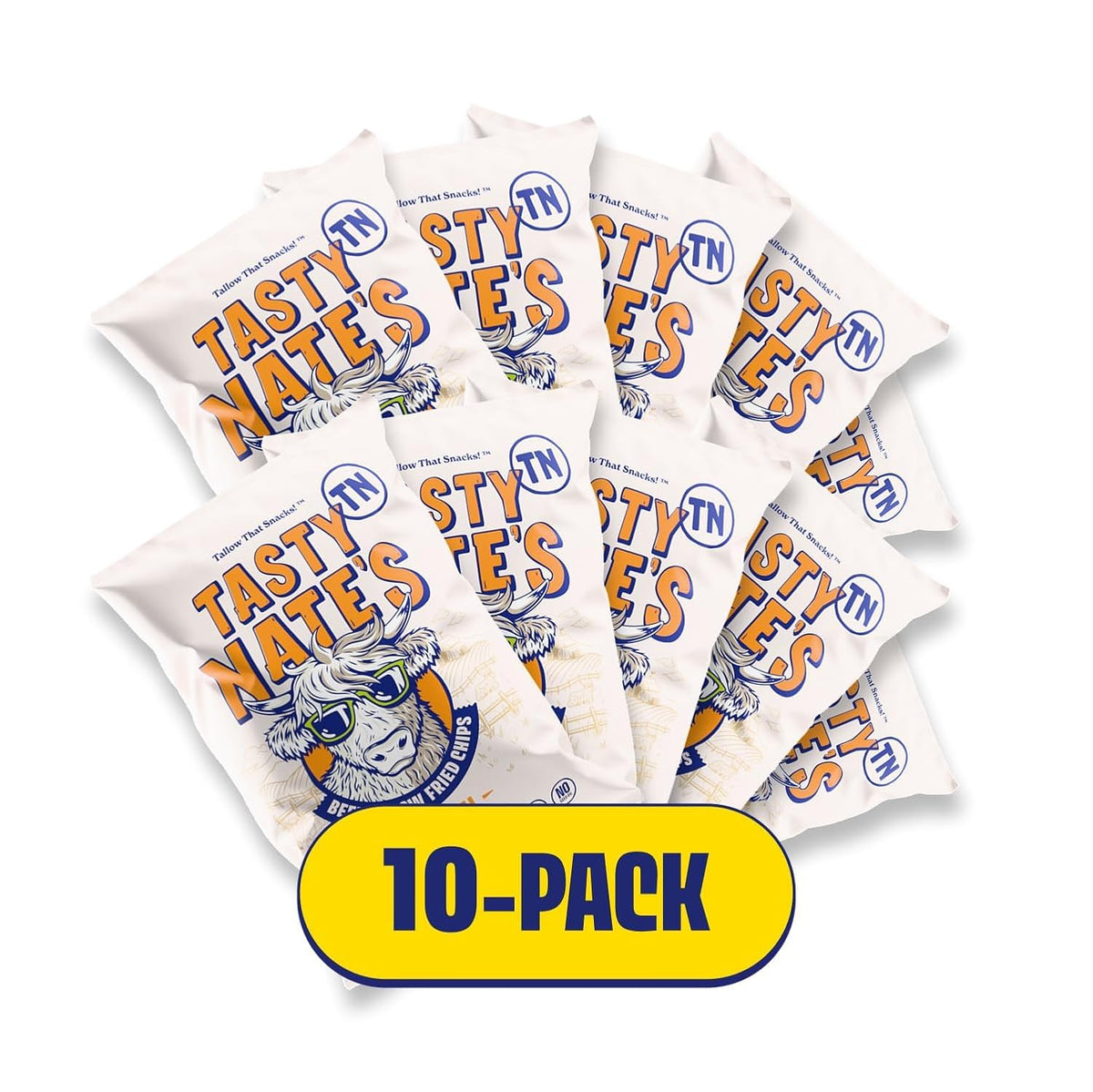 Tasty Nate’s Beef Tallow Potato Chips - Original Sea Salt, Fried in 100% Beef Tallow - Seed Oil Free Chips, Paleo Snacks for Adults, 7oz Bag - Pack of 10