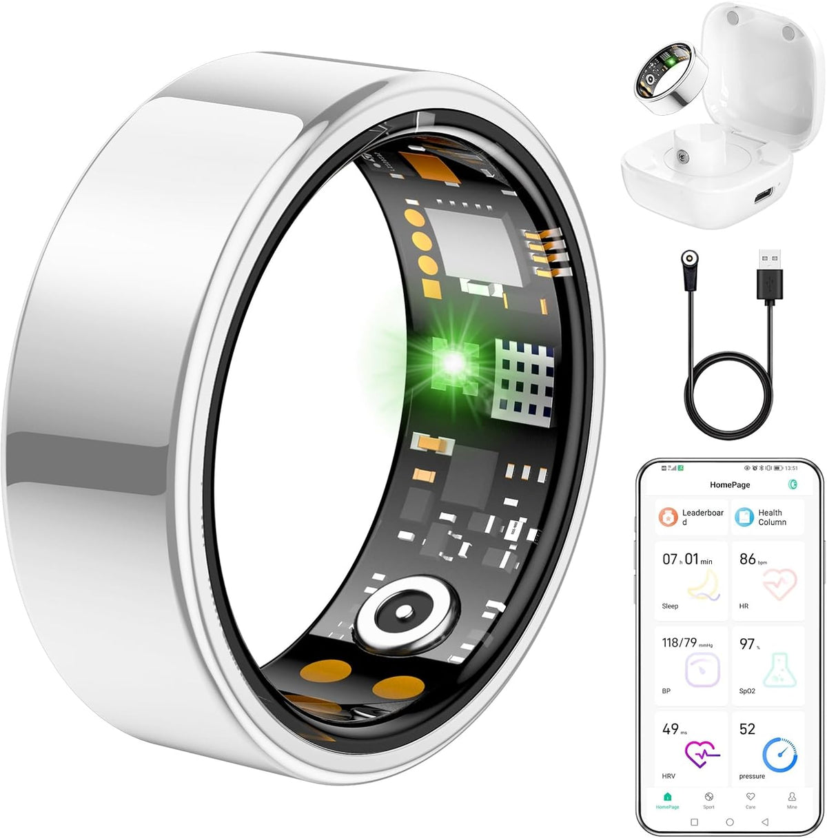Ring Health Tracker for Women Men, Fit Ring with Heart Rate, Blood Oxygen, Sleep Monitor, Calories, Step Counter, IP68 Waterproof Smart Ring for iPhone & Android, No Subscription Fee (Silver, 14#)