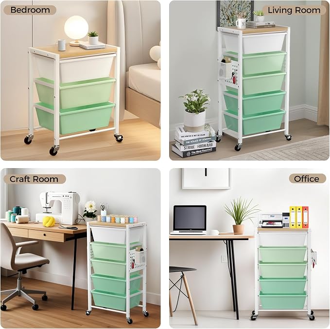 Rolling Cart with 4 Drawers, Plastic Drawer Storage Carts with Wheels & Wooden Tabletop, Metal Utility Cart with Pegboards, Office Living Room Classroom Craft Organization and Storage, Bright Green