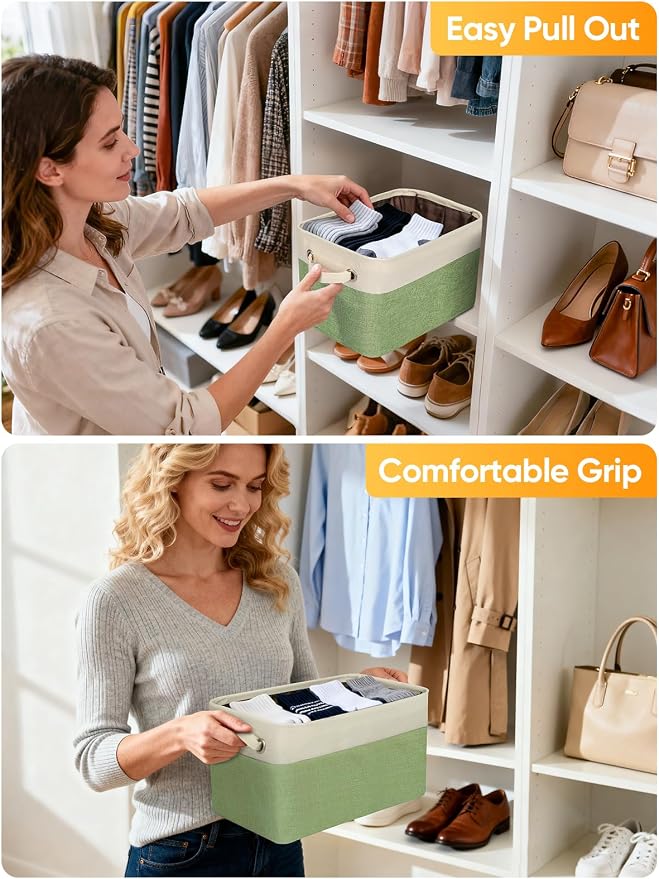BALEINE 2 Pack Fabric Closet Storage Bins for Shelves, Linen Closet Organizers and Storage, Decorative Baskets for Organizing, Shelf, Clothes, Home, Office (Green, 12"x8"x8")