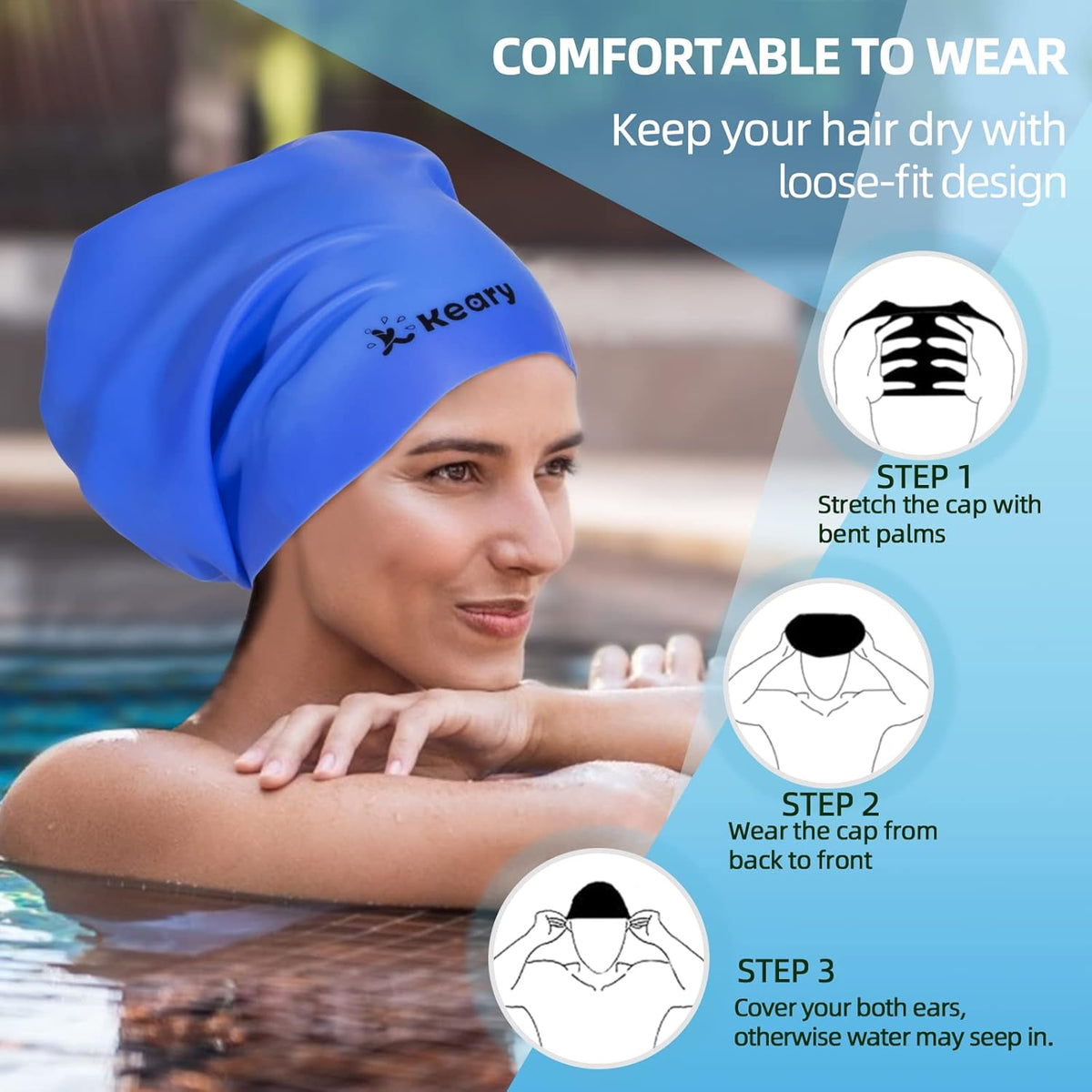 Keary Extra Large Swim Cap for Braids and Dreadlocks Extensions Weaves Long Hair, Waterproof Silicone Cover Ear Bath Pool Shower Swimming Cap for Adult Youth to Keep Hair Dry, Easy to Put On and Off