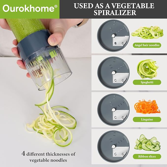 Ourokhome Mandolin Slicer with Handheld Spiralizer, Hand Safe Vegetable Shredder with 6 Mandoline Blades, Veggie Waffle Cutter for Potato, Carrot, Zucchini, Essential Kitchen Gadgets (10 in 1, Gray)