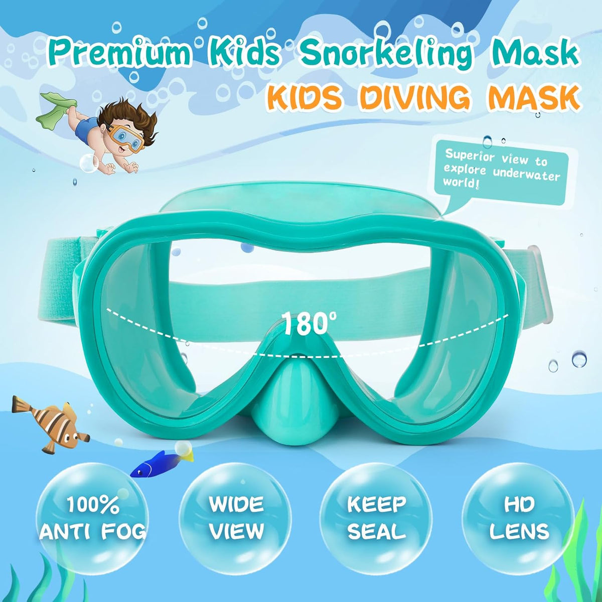 Kids Swim Goggles 180° Snorkel Diving Mask with Nose Cover, Anti-Fog Kids Swimming Goggles with Elastic Fabric Strap for Kids Boys Girls